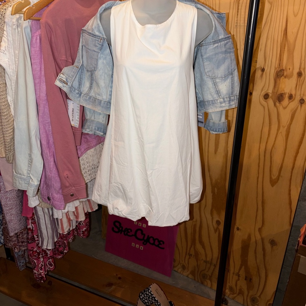 White Sleeveless Dress with Denim Jacket
